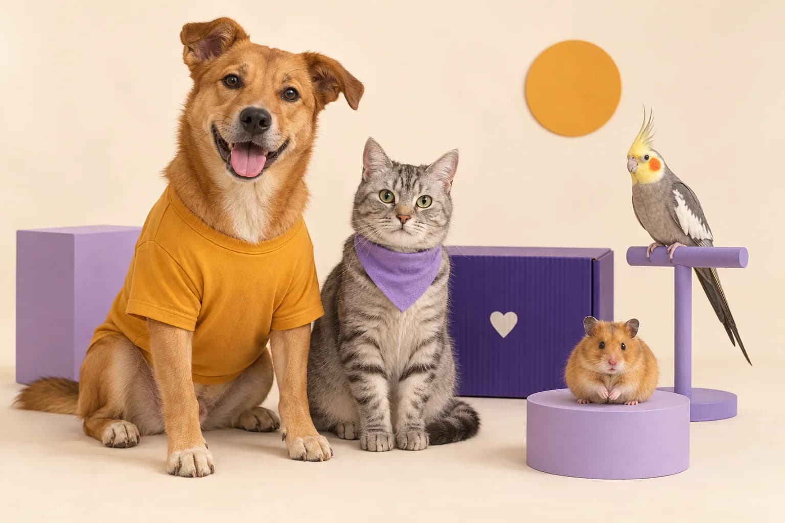A turma Yahpet: um cachorro caramelo, um gato, uma calopsita e um hamster em um cenário roxo e laranja.